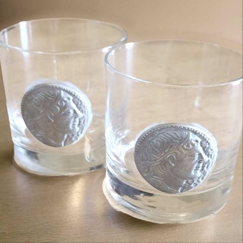 2 Roman Emperor Profile Old Fashioned Drinking Glasses 3.5" Rare Coin Emblem VTG
